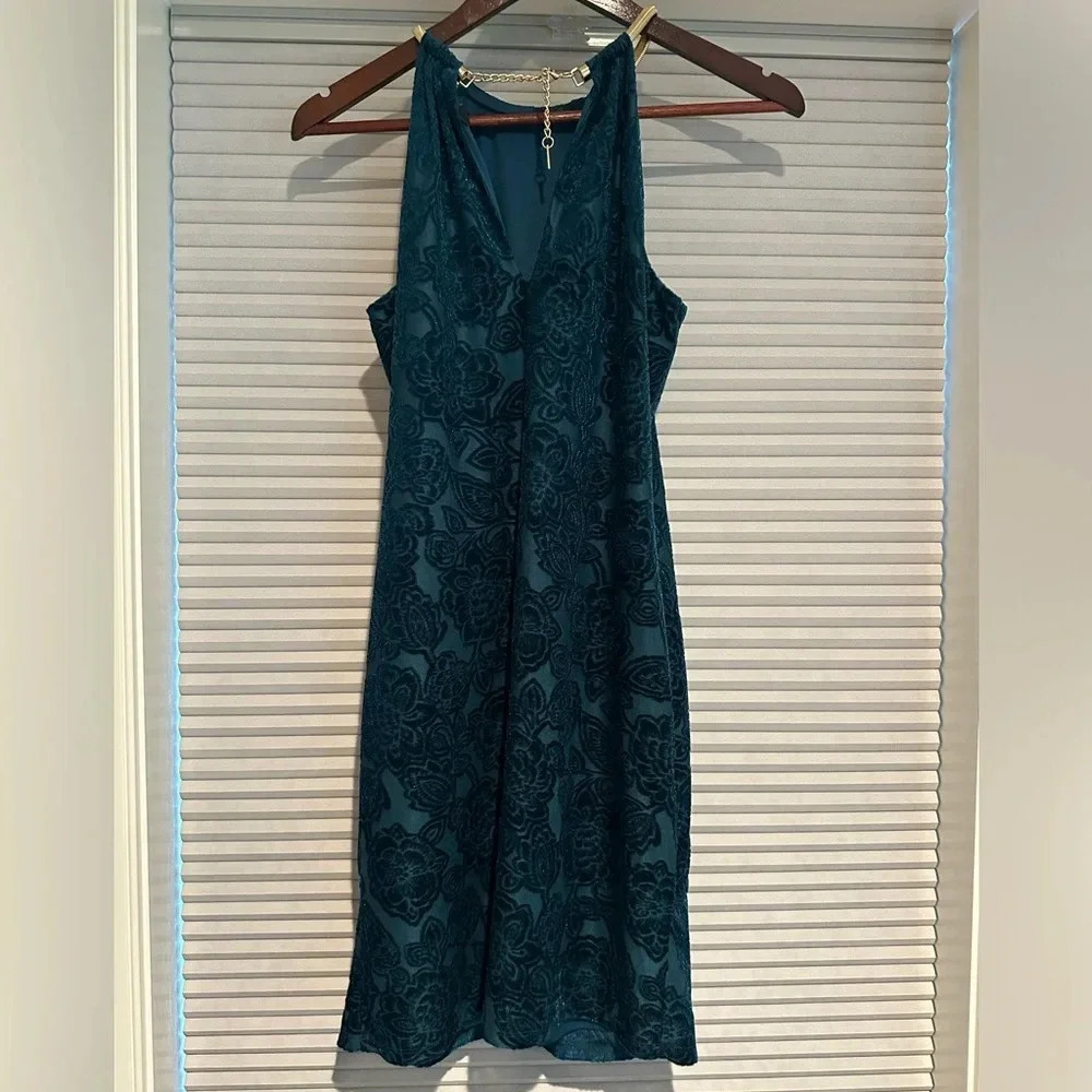 Teal velvet Kensie dress with gold accent
